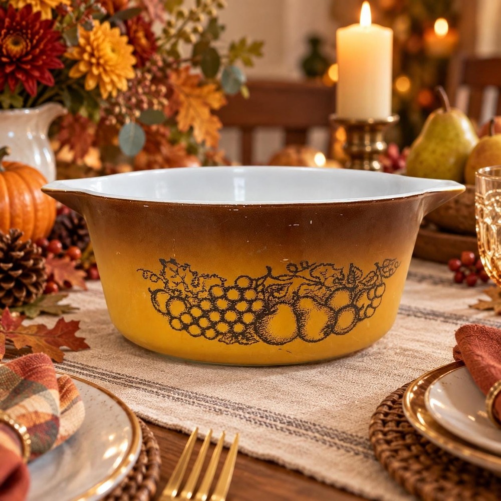 Pyrex 475-B Old Orchard 2.5 Qt Cinderella Casserole Bowl No Lid Brown Fruit VTG